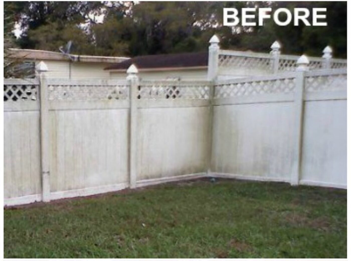 Vinyl fence with green algae growth before cleaning
