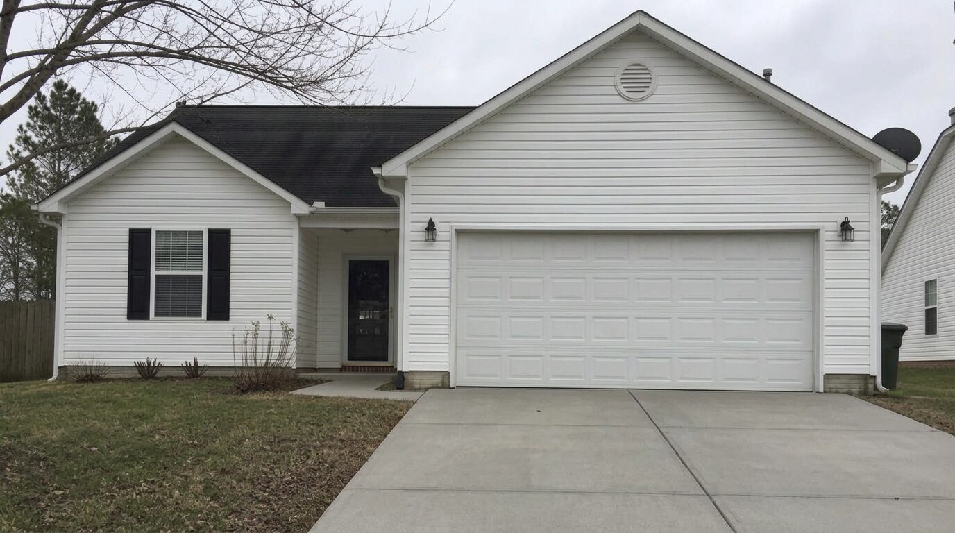 The same house after professional exterior cleaning — spotless siding and driveway